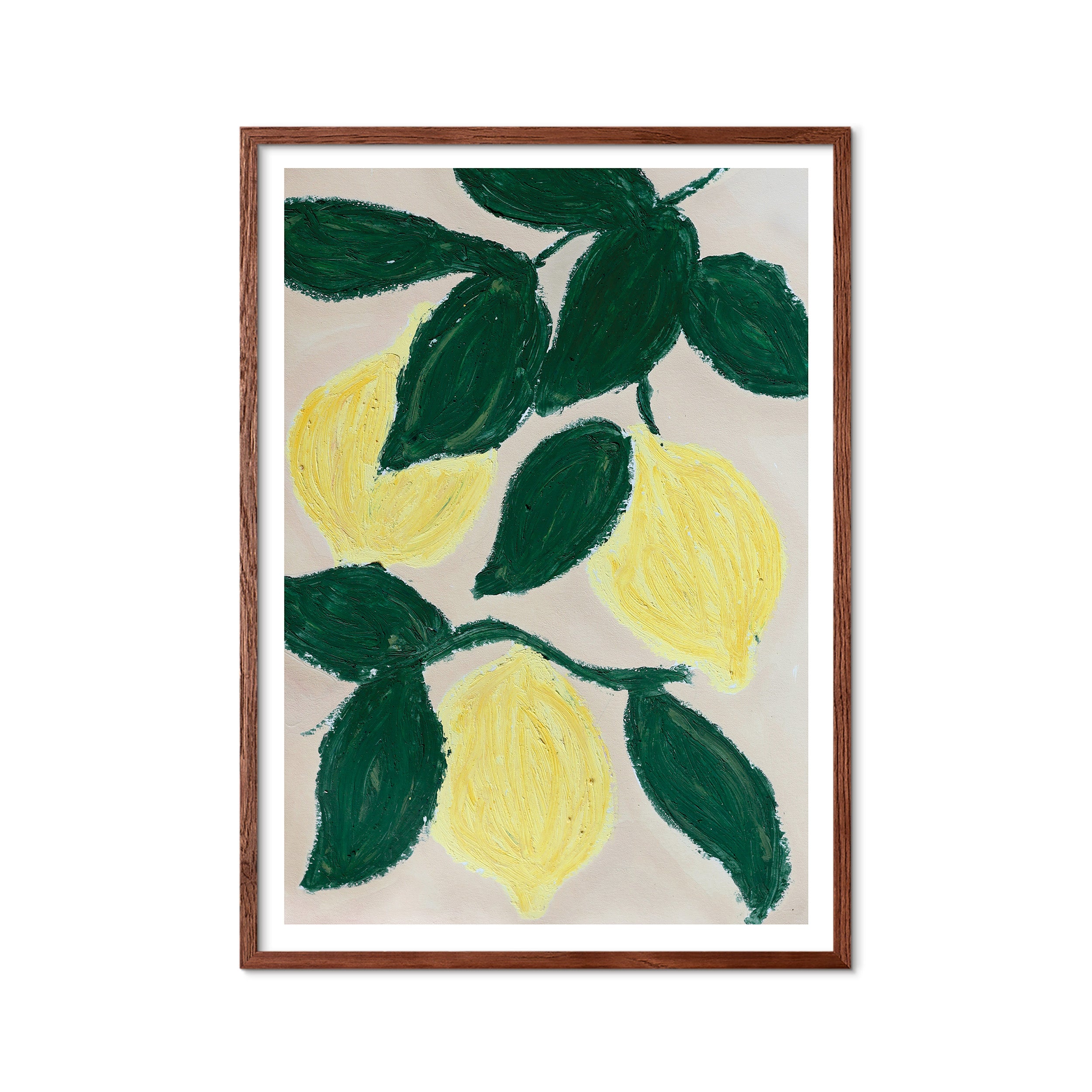 Lemon Branch kunstprint af originalt maleri med citroner og grønne blade på lys baggrund.