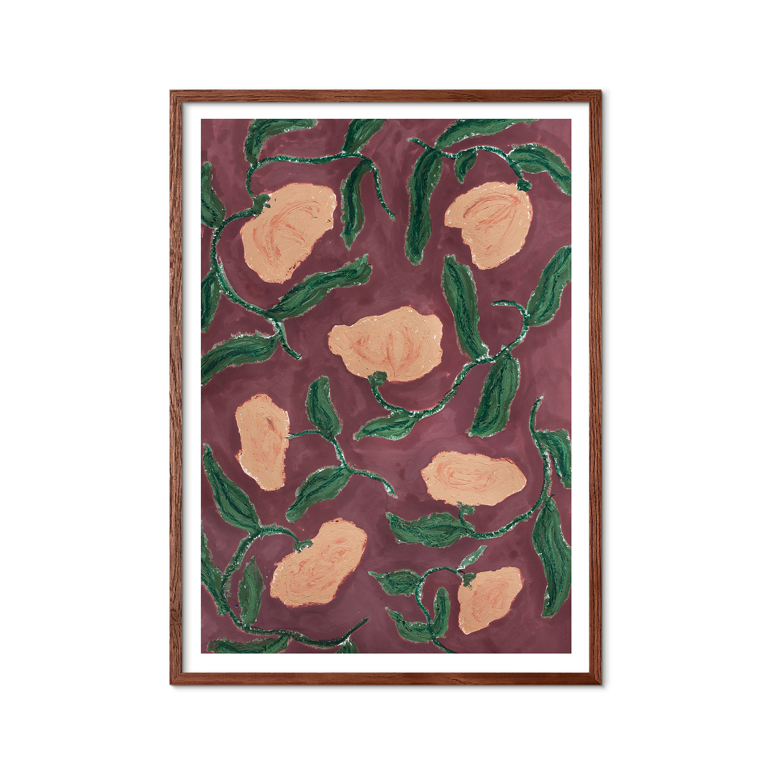Pink blomster plakat med håndmalet botanisk mønster i bordeaux, rosa og grønne nuancer.