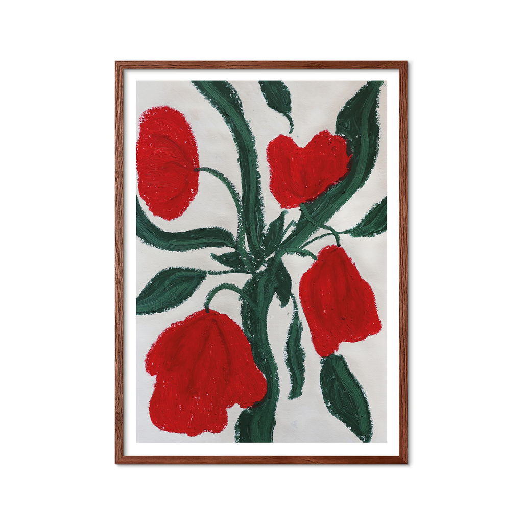 Red Florals No. 01 kunstprint af originalt maleri med røde blomster og mørkegrønne blade på lys baggrund.