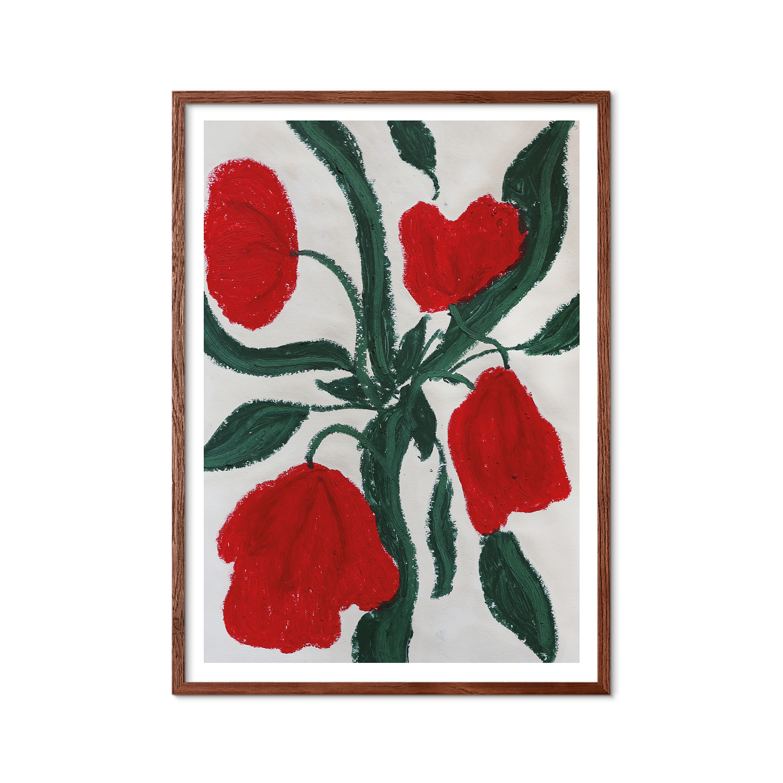 Red Florals No. 01 kunstprint af originalt maleri med røde blomster og mørkegrønne blade på lys baggrund.